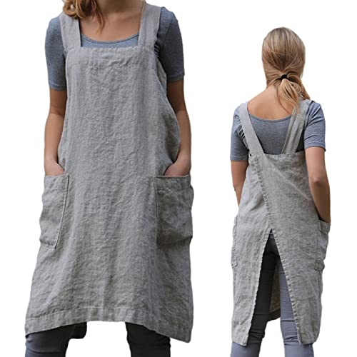 Pinafore Cross Back Apron for Women with Pockets (X-Large / Grey)