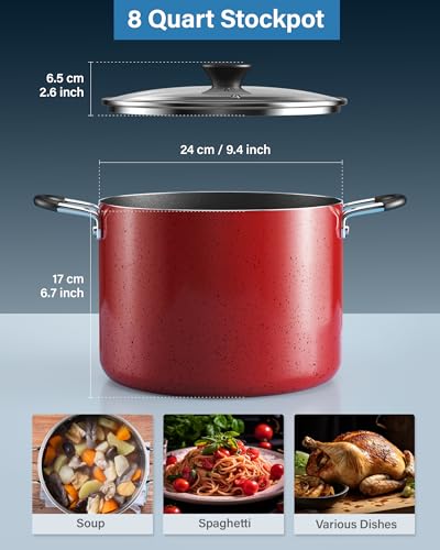8 Quart Non Stick Stock Pot with Lid (Red / 8 Quarts / Nonstick Cooking Pot)