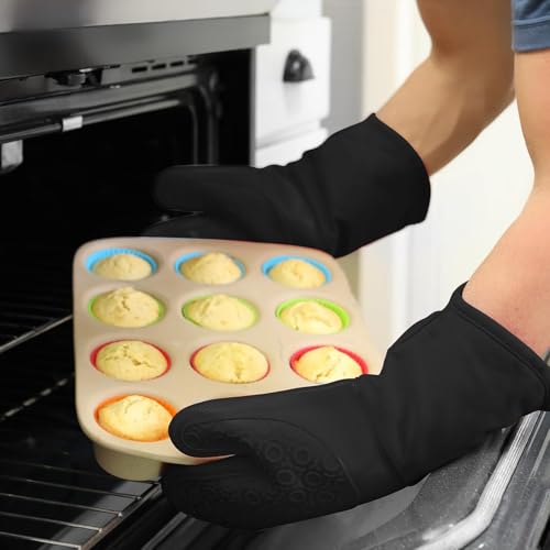BPA Free Silicone Oven Mitts Ultra Heat Resistant up to 500°F (Black / 2-Piece 13.7" Oven Mitts)