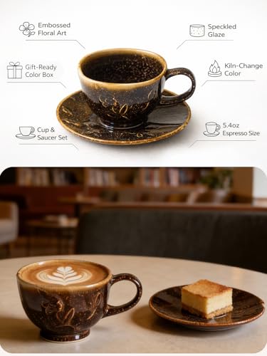 Ceramic Coffee Cup and Saucer Set 5.4oz (Brown-5.4oz)