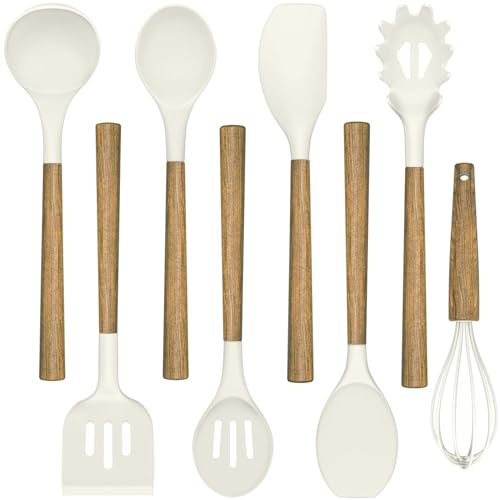 Non Stick Silicone Kitchen Utensils Set with Natural Acacia Hard Wood Handle (White)
