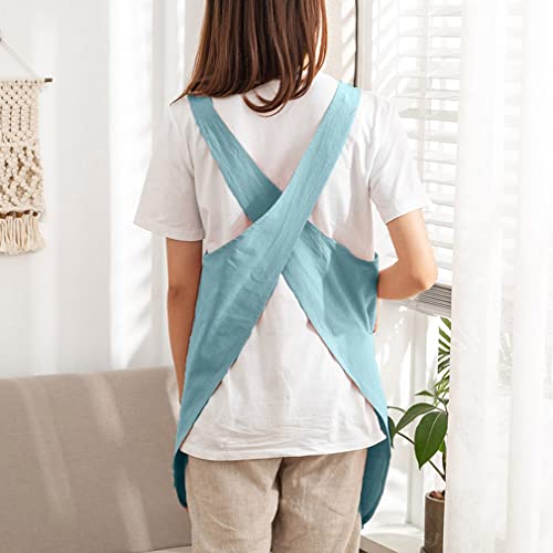 Cotton Cross Back Aprons Solid Color Cooking Kitchen Garden Smock for Women Girls with Pockets (Green / 37W x 32L)