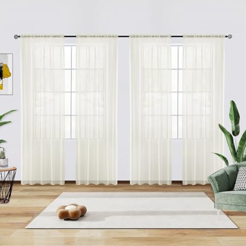 Solid Sheer Rod Pocket Curtain Voile Draperies 4 Panels Ivory Beige Black Grey Coffee 52 Inch Width 54 Inch Long 1 Pair for Kitchen Bedroom Children Living Room Yard (Ivory / 52"W x 54"L (Pack of 4))