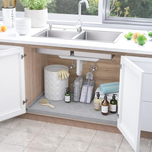 Waterproof Under Sink Mat 25" x 22" Silicone Mat Cabinet Protector (White / 25"W x 22"L)