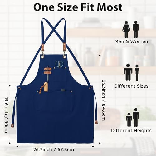 Chef Canvas Aprons with 3 Large Pockets Adjustable Strap for Men Women Blue (Blue)