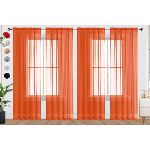 Burnt Orange Sheer Curtains 4 Panels Rod Pocket Semi (Burnt Orange / 52"W x 54"L (Pack of 4))