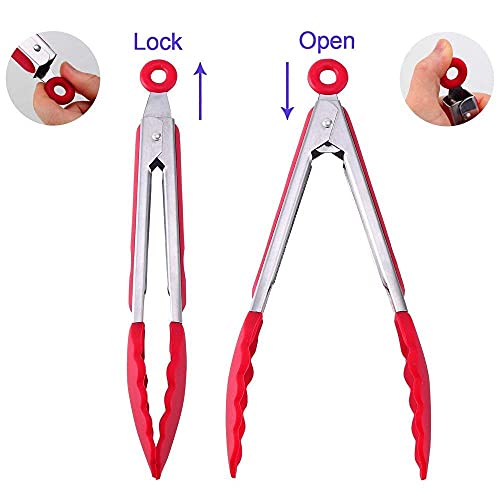 3 Pack Silicone Kitchen Tongs (Red)