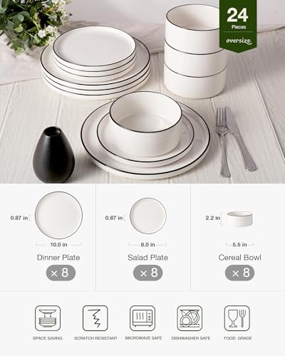 Porcelain 24 Piece Dinnerware Set (White with Black Trim / Service for 8 (Standard Dinner Set))