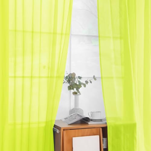 Solid Sheer Rod Pocket Curtain Voile Draperies 2 Panels White Beige Black Grey Ivory 52 Inch Width 90 Inch Long 1 Pair for Kitchen Bedroom Children Living Room Yard (Chartreuse / 52"W x 90"L (Pack of 2))