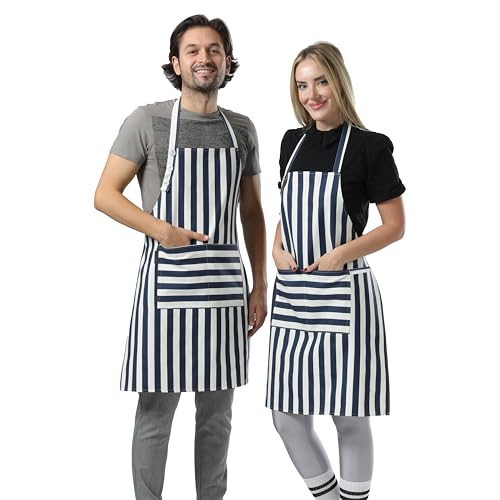 Kitchen Apron Cotton Waterdrop Resistant Adjustable Button Women Men (Navy Blue)