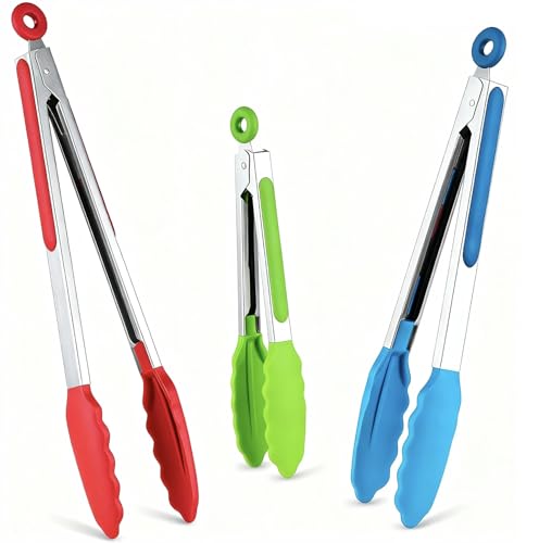 7/9/12 Inch Kitchen Tongs Set of 3, Cooking Tongs with Silicone Tips (RGB, 7/9/12 Inch)