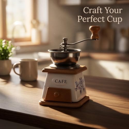 Manual Vintage Ceramic Burr Coffee Grinder with Wooden Base Drawer