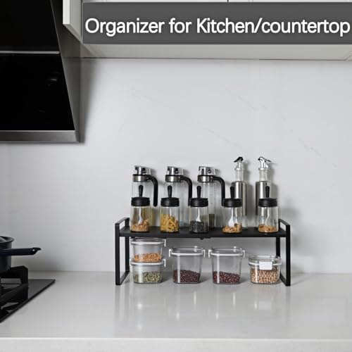 Expandable Cabinet Shelf Organizer Riser for Kitchen Pantry Cupboard Under Sink Countertop (8.2''D * 12.2-21.6''W * 7.7''H / Black)