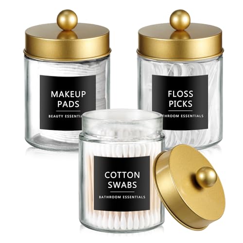 3 Pack Glass Qtip Holder with Gold Stainless Steel Lids (3 pack / Gold)