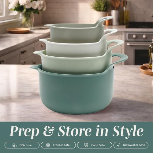 Nesting Plastic Mixing Bowl Set with Pour Spouts and Handles (Sage / 4 Piece Non-Slip)