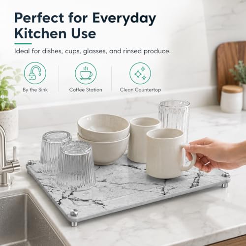 Kitchen Stone Dish Drying Mat (Marble-LightGray / 15.7" x 11.8")