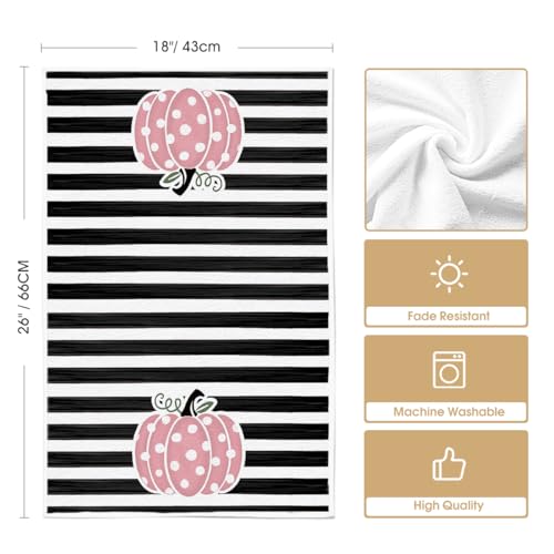 Pink Pumpkin Stripes Fall Kitchen Towels Set of 2 18x26 Inch (Pink)