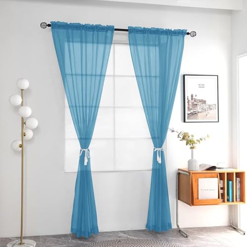 Solid Sheer Rod Pocket Curtain Voile Draperies 2 Panels White Beige Black Grey Ivory 52 Inch Width 96 Inch Long 1 Pair for Kitchen Bedroom Children Living Room Yard (Blue / 52"W x 96"L (Pack of 2))