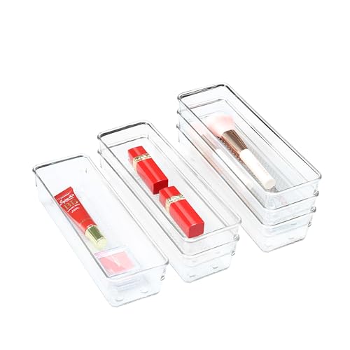 6 Set Clear Plastic Junk Drawer Organizer Vanity Curlery Utensil Makeups Organizer for Kitchen 9''X 3'' (6 Pack 9"x3" Clear Plastic)