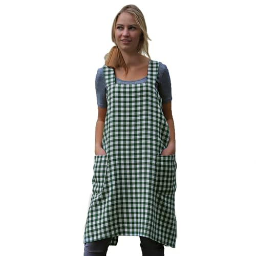 Women's Pinafore Square Apron Baking Cooking Gardening Works Cross Back Cotton (XX-Large / Plaid-green)
