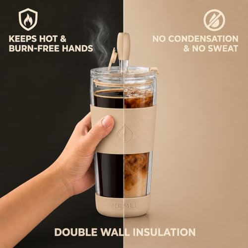 19 oz. Clear Double Wall Glass Coffee Tumbler (Biege)