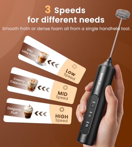 Rechargeable Handheld Milk Frother Wand with Stand (Phantom Black)