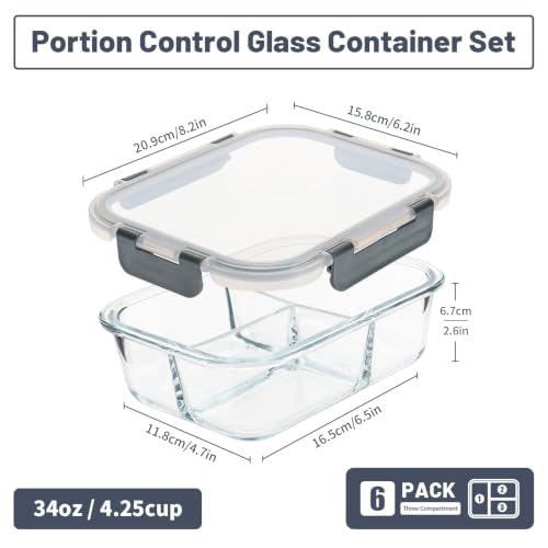 6 Pack 3 Compartment Glass Meal Prep Containers with Lids (34oz, 3 Compartment-Grey)