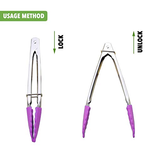 7 Inch Stainless Steel Tongs with Silicone Tips (7-inch / Purple)