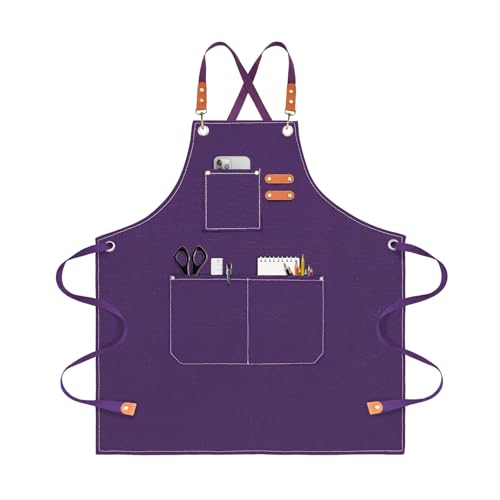 Chef Apron for Men Women Canvas Aprons with 3 Pockets Cross Back Resistant Work Apron for Cooking Grilling Baking BBQ Barber Kitchen (Purple)