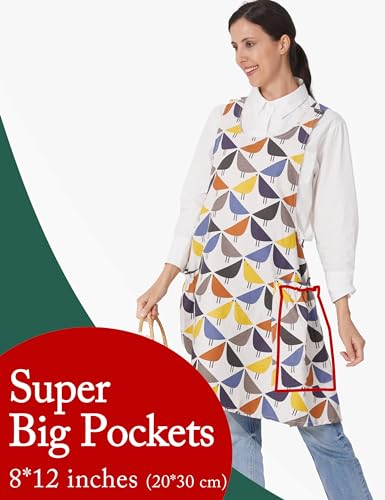 Cozy Adjustable Cross Back Aprons for Women with Pockets Cotton Linen Cooking Kitchen Baking Birds (Birds)