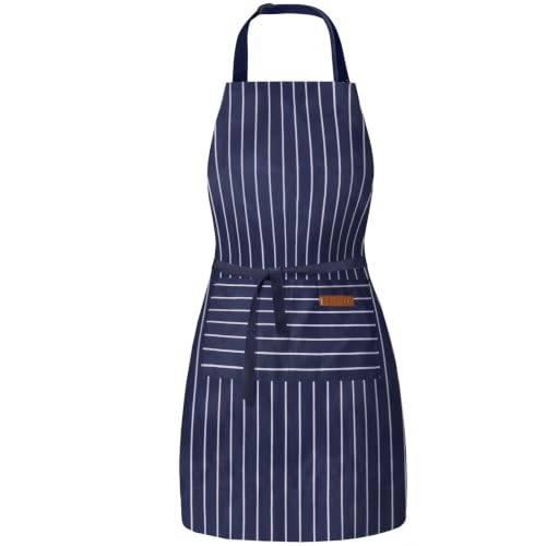 Adjustable Bib Apron with 2 Pockets Chef Cooking Kitchen Restaurant Aprons for Women Men (Blue Wide)