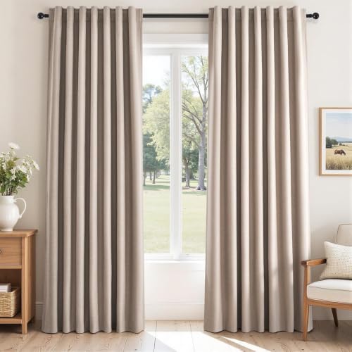132 Inch Linen Blackout Curtains 2 Panels for Bedroom Living Room Darkening Thermal Insulated 100% Black Out Linen Drapes Back Tab Large Window Curtains Beige Natural (Natural Beige / 52"W x 132"L (Pack of 2))