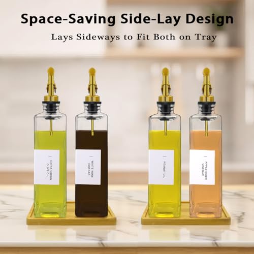 Olive Oil Dispenser Bottle for Kitchen with Bamboo Tray (Clear / 16.9oz, Set of 2)