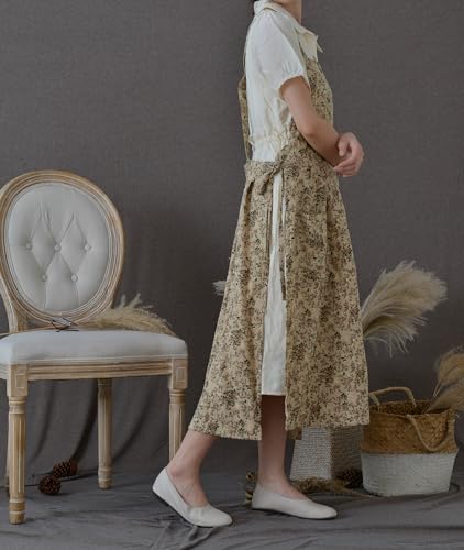 Japanese Cotton Linen Cross Back Work Apron for Women with Pockets Pinafore Dress Smock (04-yellow)