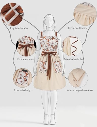 Vintage Pinafore Apron Dress for Women with Pockets Cute Floral Chef Aprons for Kitchen Cooking Baking Gardening (Beige)