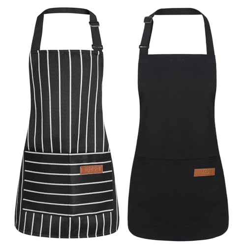 2 Pack Stripes Kid's Apron with 2 Pockets (45x50cm / Black Wide Stripes, Solid Black)