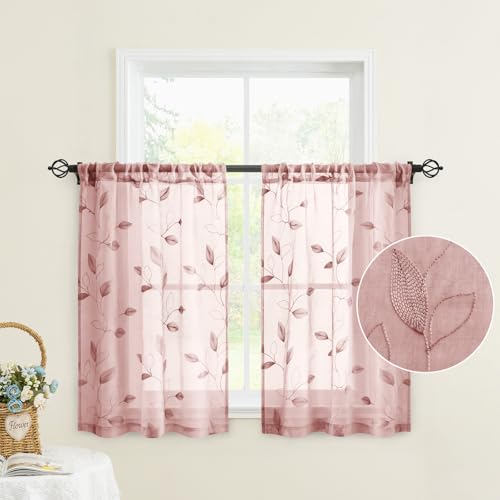 Blush Pink Kitchen Tier Curtains Leaf Embroidered (30"W x 36"L (Pack of 2) / Blush Pink)