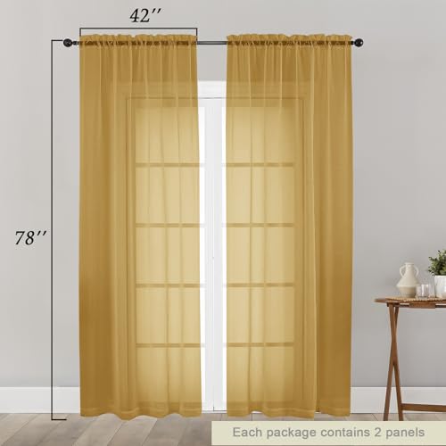Gold Sheer Curtain for Bedroom Living Room 78 Inches Long 2 Panels Set (Gold / 42"W x 78"L (Pack of 2))