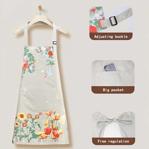Floral Aprons with Pocket Blooming Floral Womens Waterproof Apron (Brown Stripe)