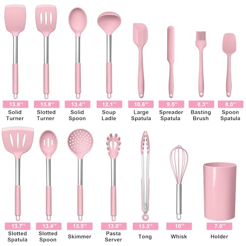 15 Piece Cooking Utensils Set with Stainless Steel Handle (Pink)