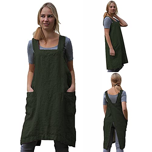 Cotton Linen Apron Cross Back Apron for Women with Big Pockets Square Pinafore Dress for Baking Cooking BBQ & Grill AmyGreen M (Amy Green / Medium)
