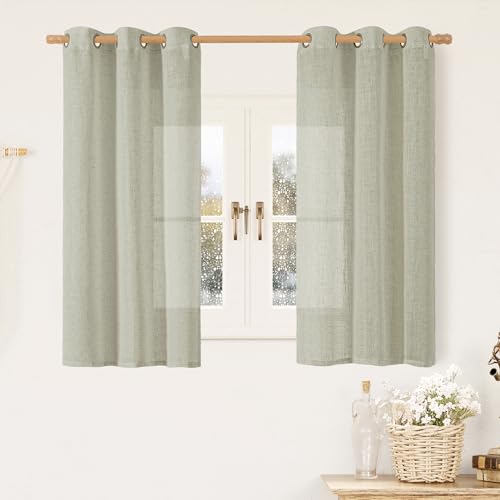 Short Linen Sheer Curtains 48 Inch Length for Kitchen Windows (34"W x 48"L (Pack of 2) / Sage Grey)