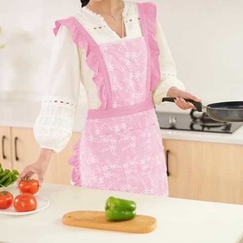 Vintage Pinafore Apron Dress for Women with Pockets Cute Floral Chef Aprons for Kitchen Cooking Baking Gardening (Pink)