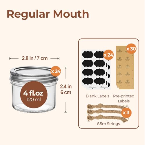 4 oz Mason Jars Bulk Set (4 fl oz x 24 - Regular Mouth)