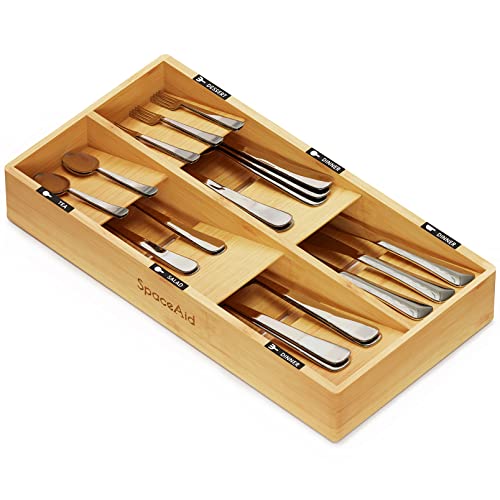 Bamboo Silverware Drawer Organizer with Labels (Natural, 6 Slots)