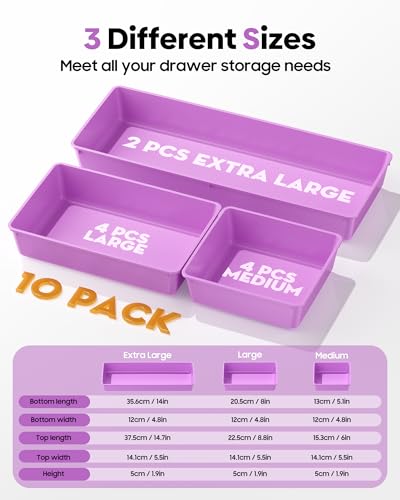 10 Pack Large Size Plastic Drawer Organizers Set (Purple)