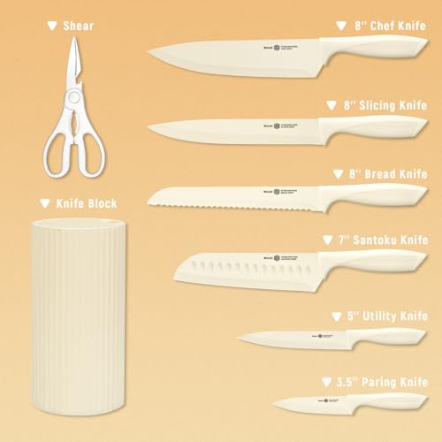 Knife Set, 8-Piece Kitchen Knife Set with Universal Block - Anti-Rust Chef Knives, Ergonomic Design, Dishwasher Safe (Cream) (Cream)