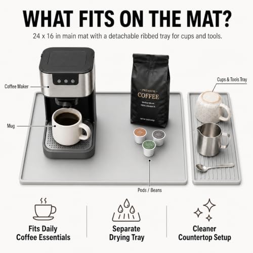 Silicone Coffee Mat 24 x 16 in with Tray (Minimal Light Gray)