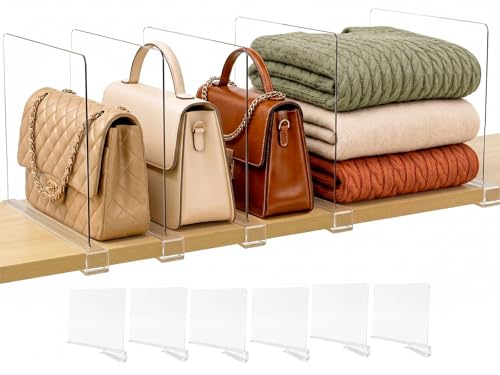 Shelf Dividers Purse Organizer for Closet (Standard: 8" Tall X 12" Deep / Clear:6-pack)