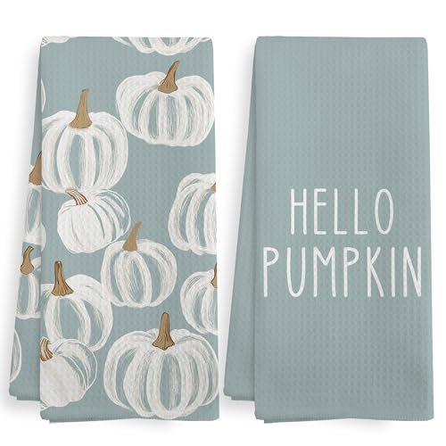 Fall Blue Hello Pumpkin Farmhouse Kitchen Towels and Dishcloths Sets of 2 (Lake Pumpkin)